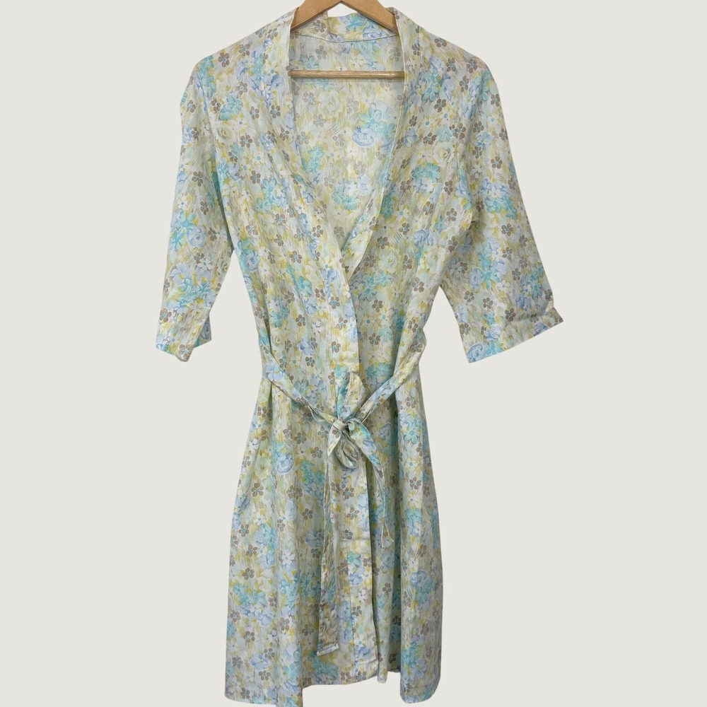 Vintage 70s Miss Elaine Floral Robe Womens M Blue Yellow Lightweight Cottagecore